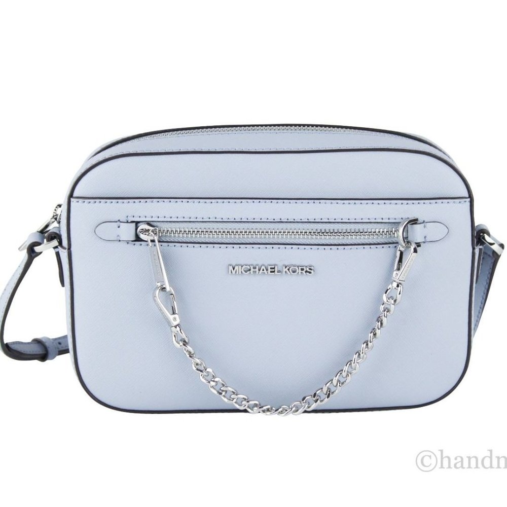 NWT Michael Kors Jet Set Large East West Pale Blue Leather Chain Crossbody Bag - Picture 3 of 10